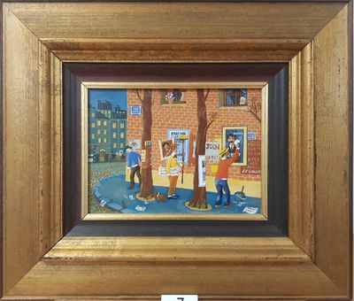 peinture d'un groupe de personnes devant un bâtiment