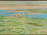 painting of a view of a city and a river in a wooden frame