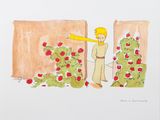 tableau représentant un garçon debout devant un jardin où se dresse un grand pommier