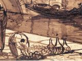 a drawing of a boat on the water with a man in the background