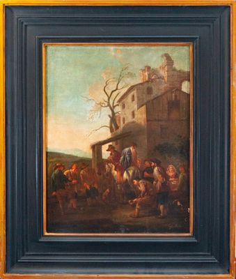 an oil painting of a group of people outside a building