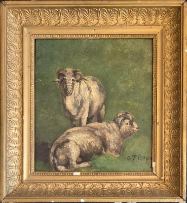 tableau représentant des moutons et des agneaux, dans un cadre doré, sur fond vert