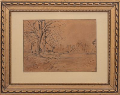 l'image d'un dessin d'un paysage avec des arbres au premier plan
