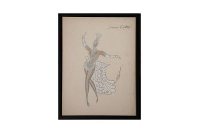 dessin représentant une femme en robe, avec un éventail sur la tête