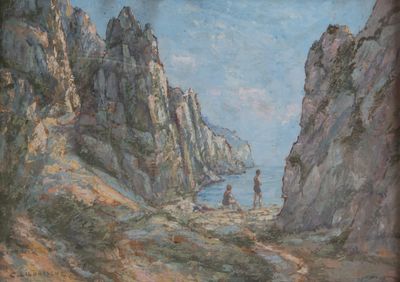 un tableau représentant deux personnes debout sur une falaise rocheuse