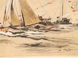 drawing of a sailboat in a body of water with other boats in the background