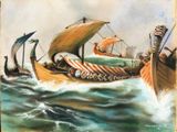 a painting of a group of ships in the water