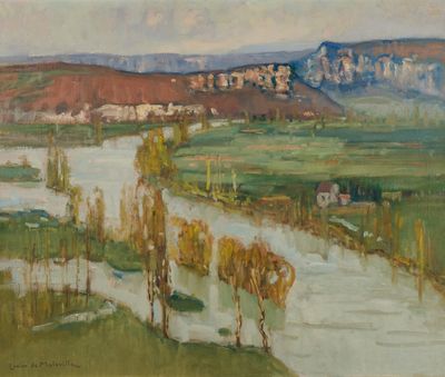 une image représentant un tableau où l'on voit une rivière qui traverse un champ verdoyant