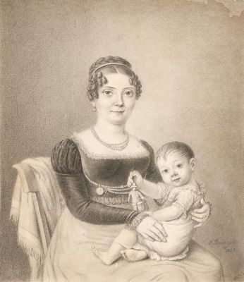 an old black and white photo of a woman holding a baby