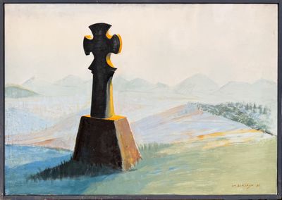 un tableau représentant une croix dans un champ, avec des montagnes en arrière-plan