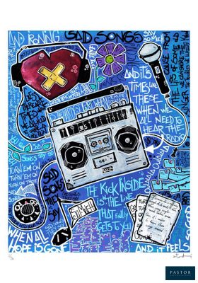 une photo d'un tableau représentant un radiocassette et d'autres objets