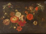 tableau représentant des fleurs dans un vase en verre posé sur une table