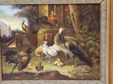 a painting of a group of birds in a garden