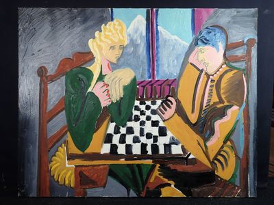 a painting of two people playing a game of chess