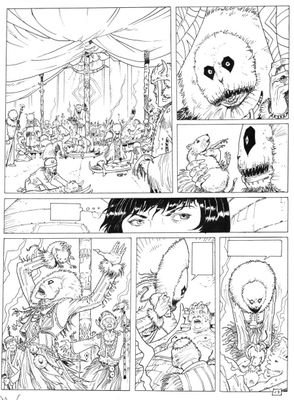 une page tirée d'une bande dessinée représentant, en noir et blanc, un groupe de personnes dans un cirque