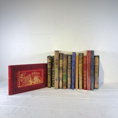 plusieurs livres sont alignés sur une surface blanche