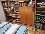 un lit dans une chambre avec une bibliothèque remplie de livres