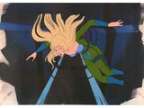 animation animation of a woman flying through the air in a green coat