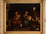 painting of a man and a woman reading a book in a room