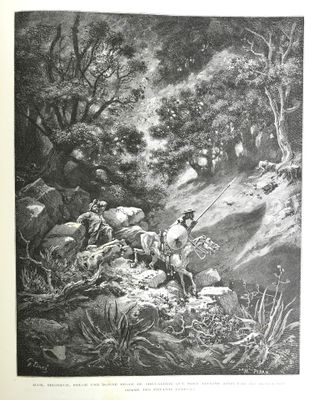 un vieux dessin en noir et blanc représentant un homme à cheval dans les bois