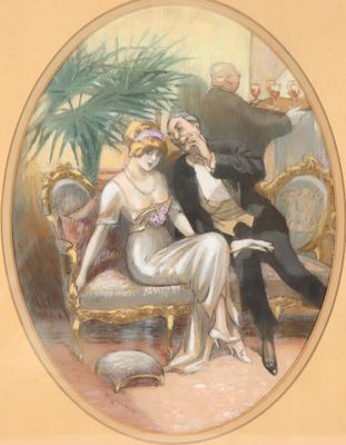 une peinture représentant un homme et une femme assis sur un canapé