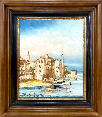 tableau représentant un bateau dans un port, avec un bâtiment en arrière-plan
