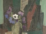 une peinture représentant un vase de fleurs sur une table