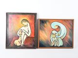 deux tableaux représentant une femme et un chat sur un mur blanc