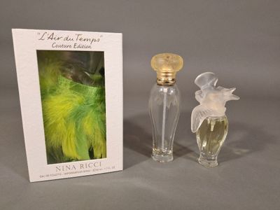 une image représentant un flacon de parfum à côté d'une boîte sur laquelle figure l'image d'un oiseau