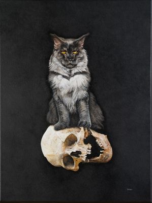 un tableau représentant un chat assis sur un crâne