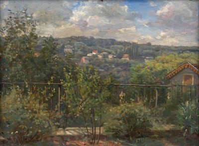 une peinture représentant une vue d'une ville depuis une colline