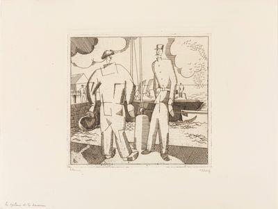 un dessin représentant un homme et une femme debout sur un bateau