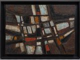 abstract painting of a cityscape in brown, blue, and orange