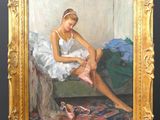 painting of a woman in a white dress sitting on a green couch