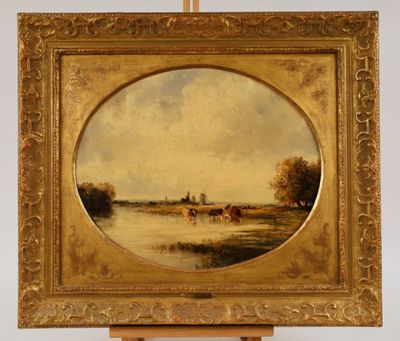 une peinture à l'huile représentant une scène fluviale avec du bétail paissant dans l'eau