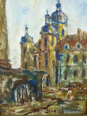 une peinture à l'huile représentant une église avec un clocher en arrière-plan