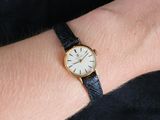 a person wearing a gold watch on their wrist