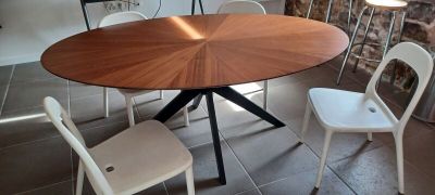 a table and chairs in a room with a brick wall
