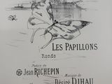 drawing of a drawing of a boat in the water with a butterfly flying above it