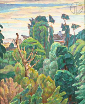 an oil painting of a view of a forest with a house in the distance
