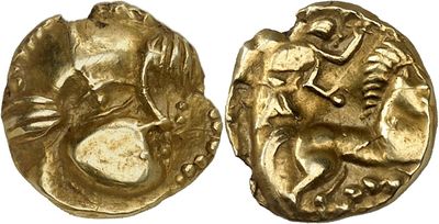 a gold coin with an image of a man and a woman on it