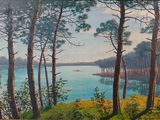 un tableau représentant une vue d'un lac à travers les arbres
