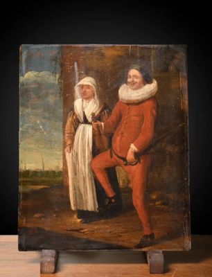 an old painting of a man and a woman standing next to each other