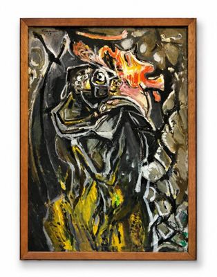 framed picture of a painting of a black bird with a yellow beak