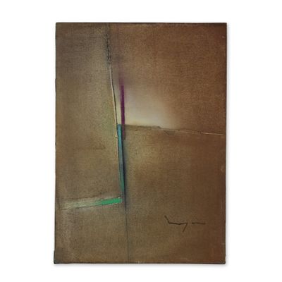 une peinture abstraite représentant une ligne verte et violette sur un fond marron