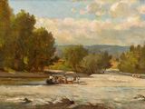 a painting of a painting of a river with people on it