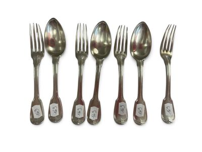 six forks and spoons are lined up on a white surface