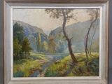 une peinture à l'huile représentant un paysage avec des arbres et un ruisseau