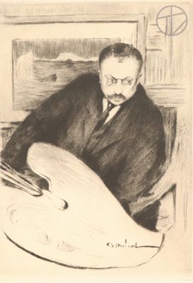 drawing of a man in a suit and tie sitting at a table with a palette