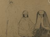 dessin représentant trois femmes assises par terre devant un homme et une femme